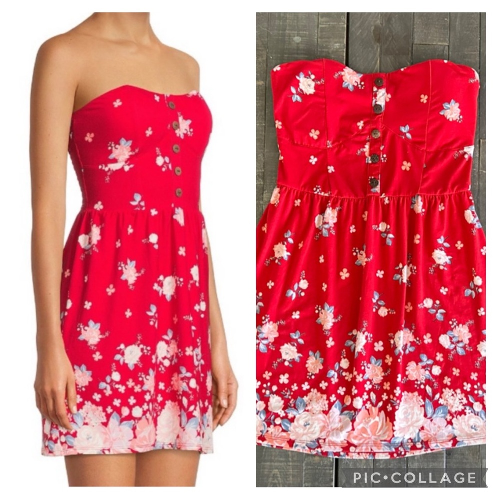 Strapless Red Floral Juniors Button-Front Foam Cup Dress Size XL/XG (15-17) - Picture 15 of 15
